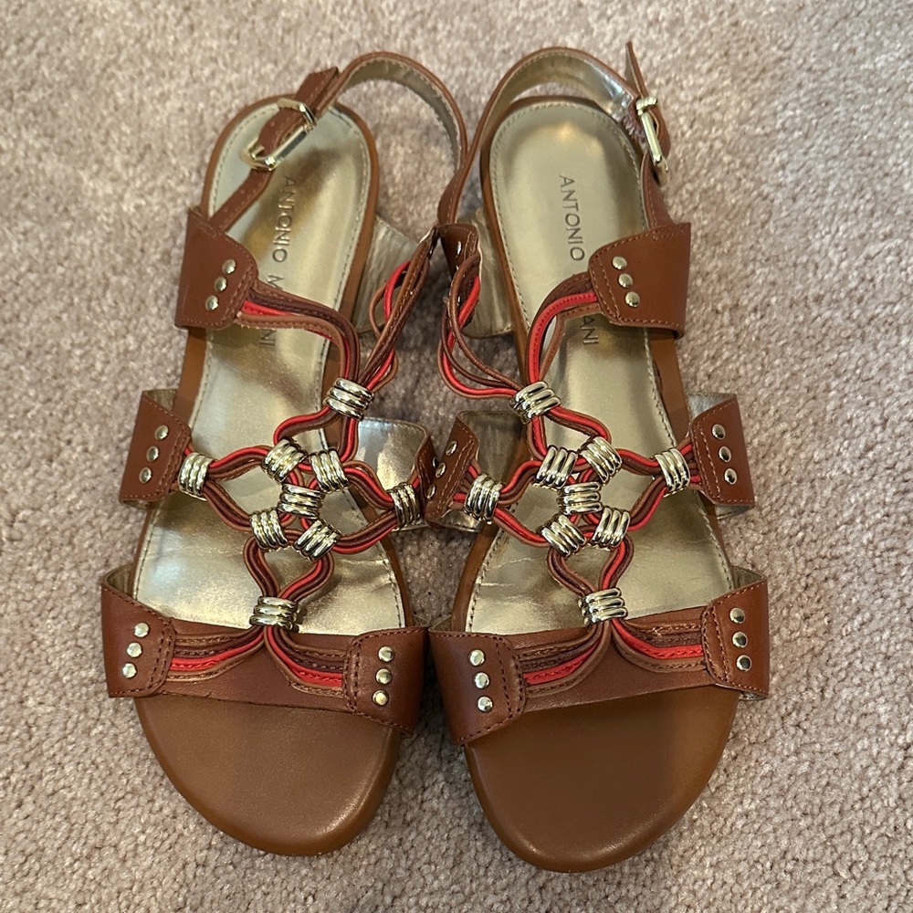 ANTONIO MELANI Brown Sandals with Orange and Gold Details
